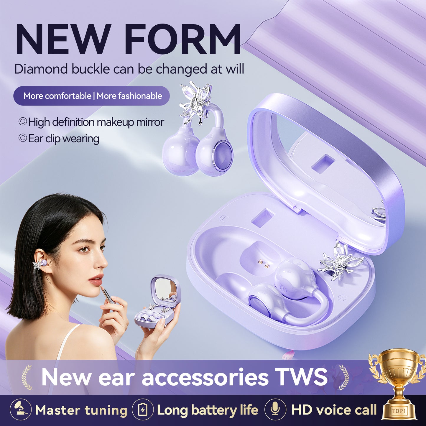 Open-Ear Sport Earbuds, Clip-On Headphones, with Makeup Mirror & Earrings (M183)