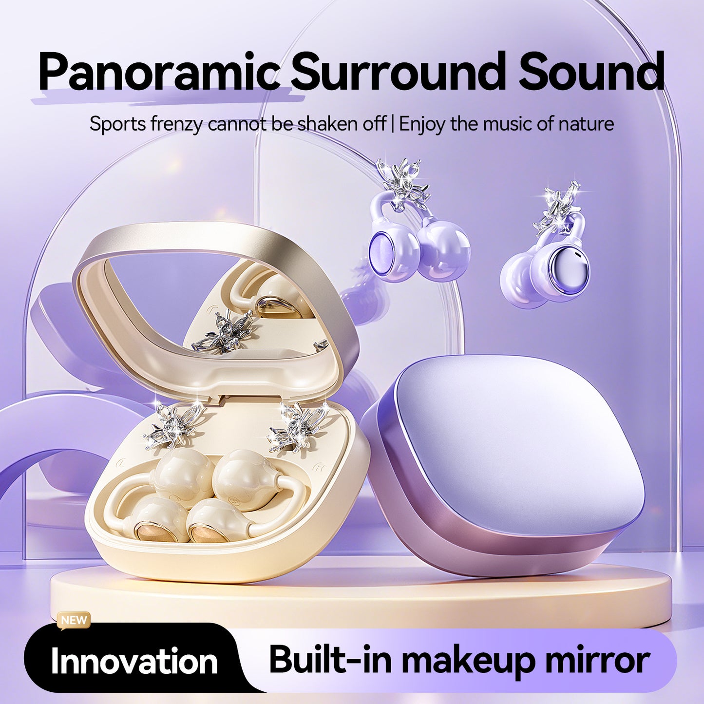 Open-Ear Sport Earbuds, Clip-On Headphones, with Makeup Mirror & Earrings (M183)