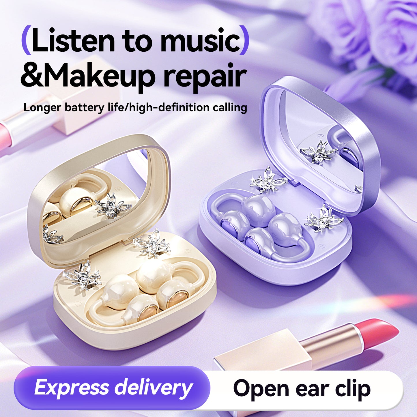 Open-Ear Sport Earbuds, Clip-On Headphones, with Makeup Mirror & Earrings (M183)