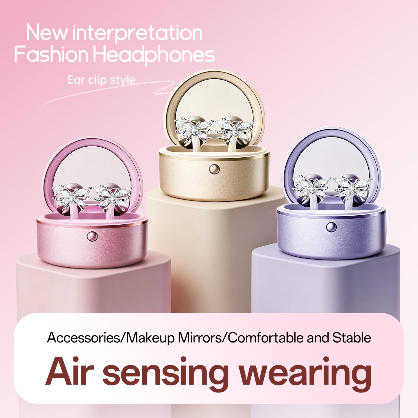 Open-Ear Sport Earbuds, Clip-On Headphones, with Makeup Mirror & Earrings (M186)