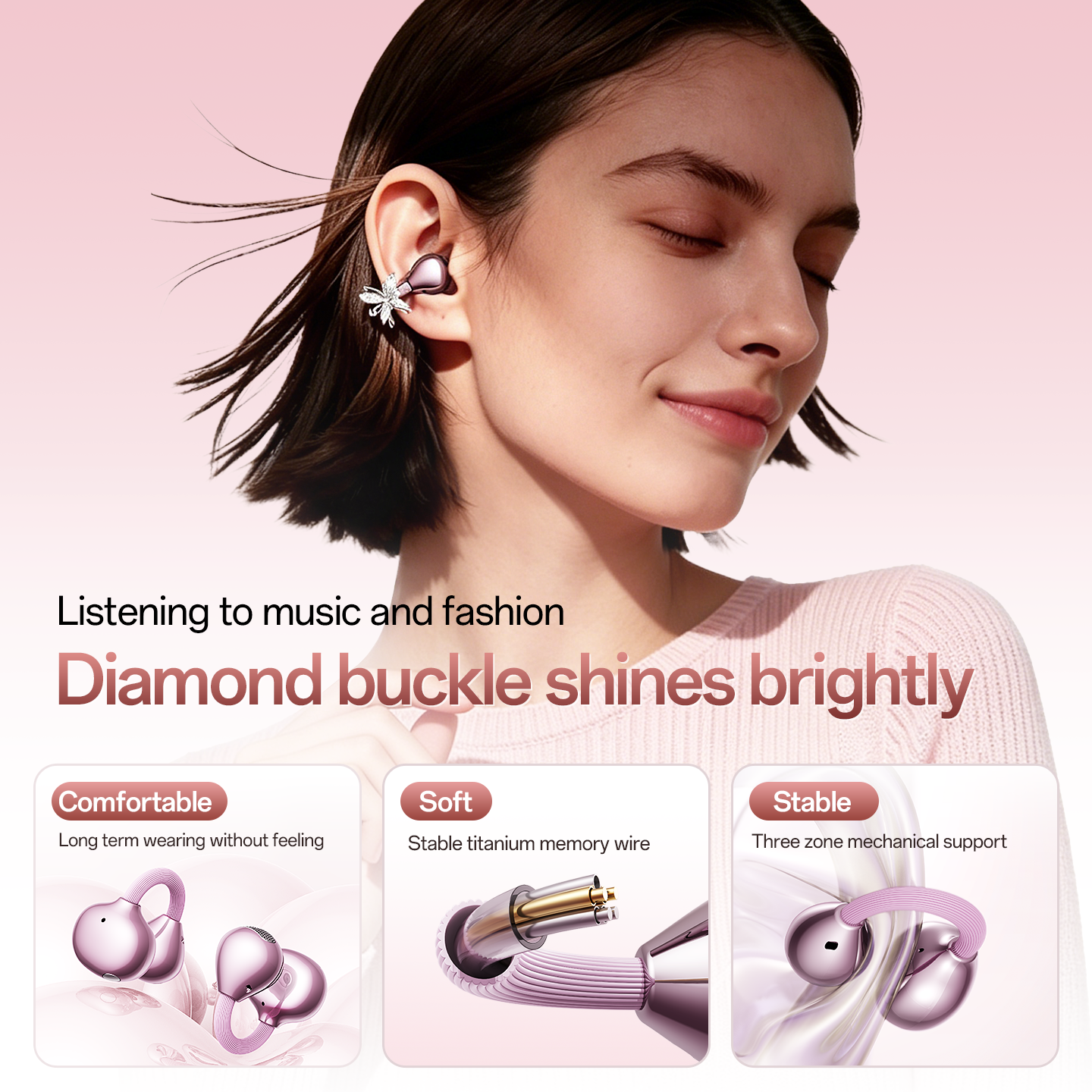Open-Ear Sport Earbuds, Clip-On Headphones, with Makeup Mirror & Earrings (M186)