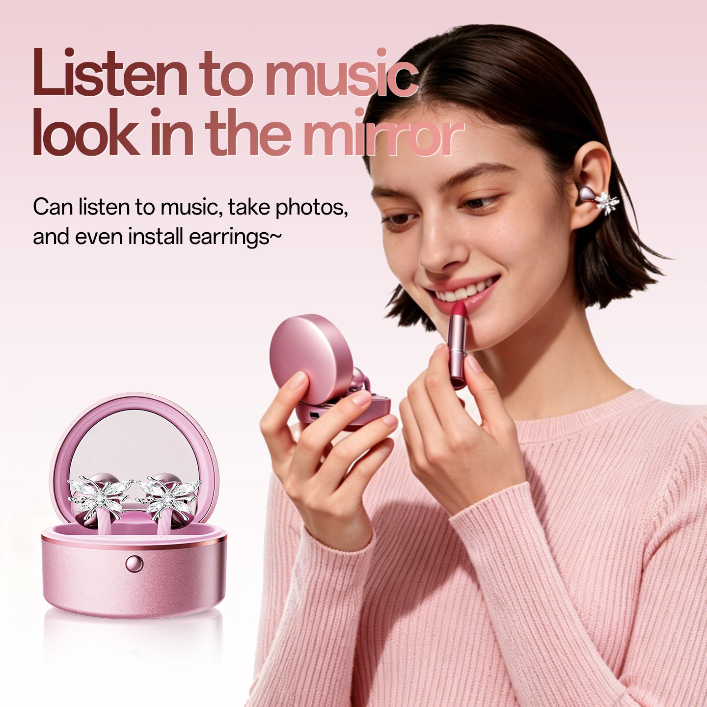 Open-Ear Sport Earbuds, Clip-On Headphones, with Makeup Mirror & Earrings (M186)