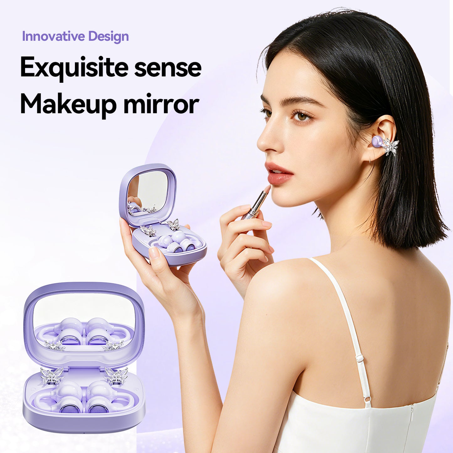 Open-Ear Sport Earbuds, Clip-On Headphones, with Makeup Mirror & Earrings (M183)