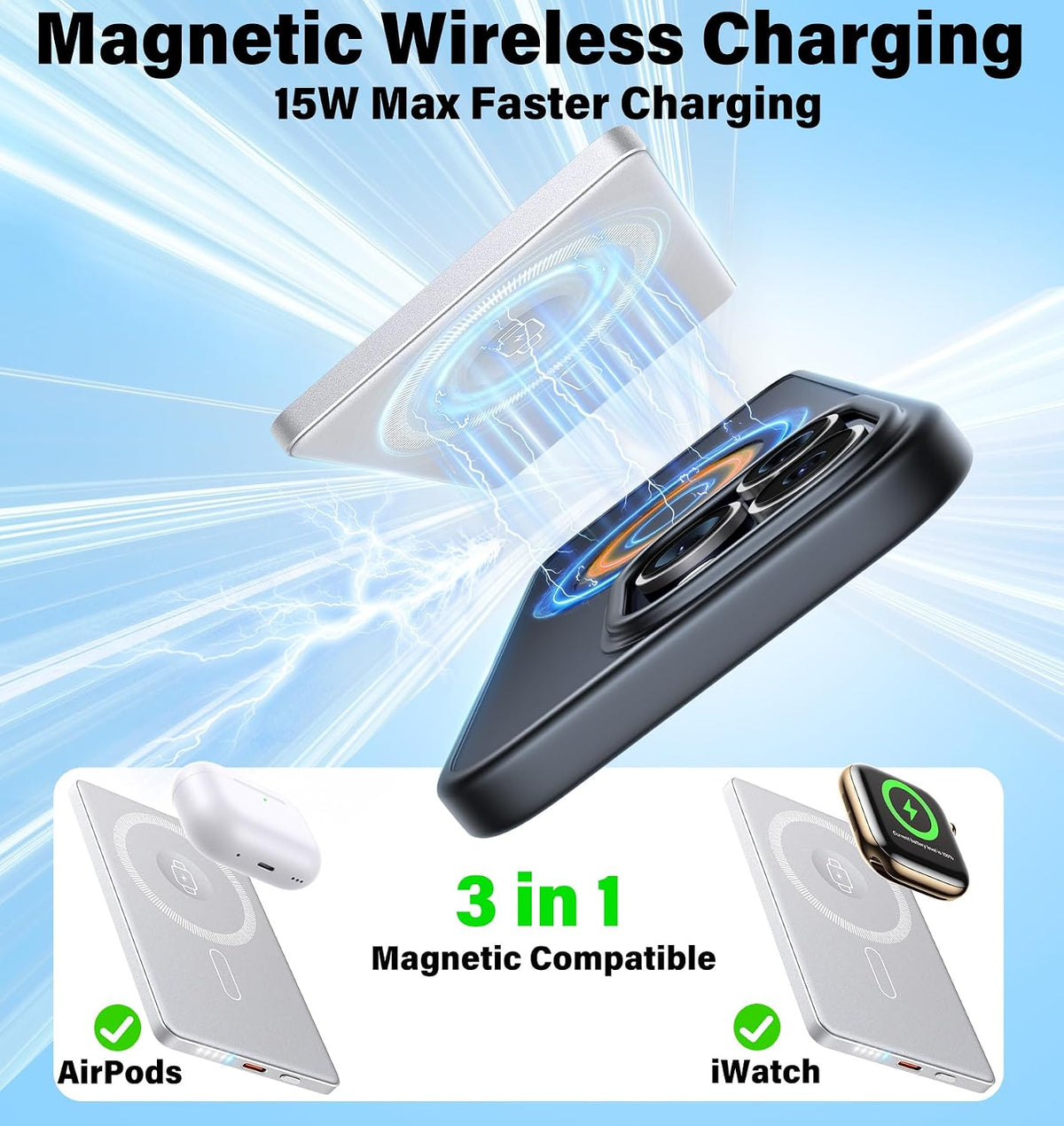 3-in-1 MagSafe Power Bank, Ultra-Slim 5000mAh 22.5W