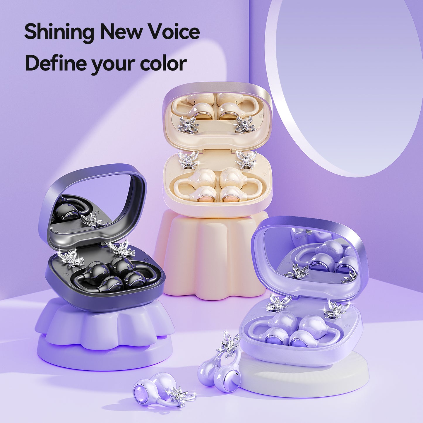 Open-Ear Sport Earbuds, Clip-On Headphones, with Makeup Mirror & Earrings (M183)