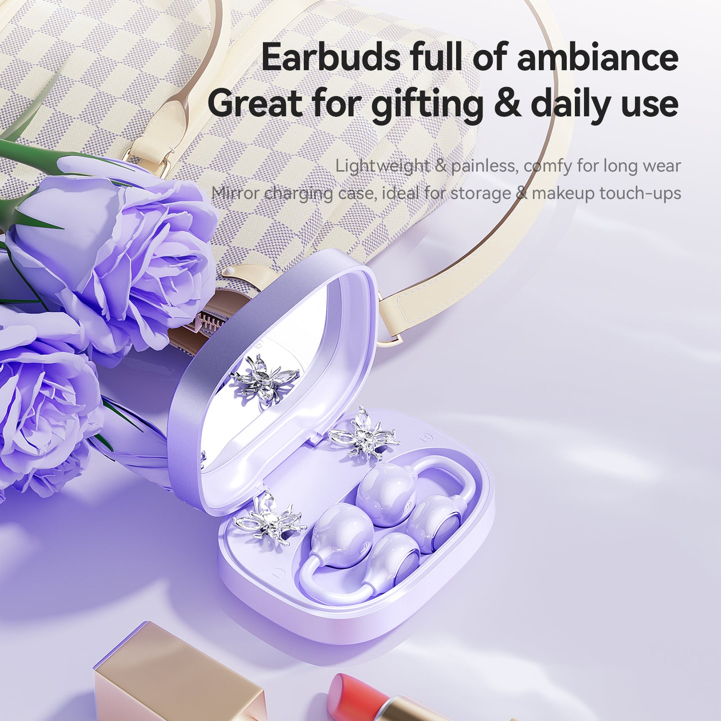 Open-Ear Sport Earbuds, Clip-On Headphones, with Makeup Mirror & Earrings (M183)